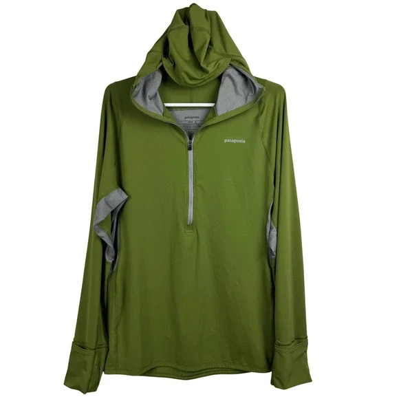 Patagonia Men's Long Sleeve Half Zip Hoodie Olive Green Running Top - Medium - Picture 1 of 8